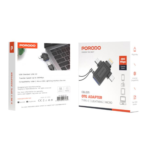 PD-CBL0025-BK PORODO OTG ADAPTER TYPE-C | LIGHTNING | MICRO