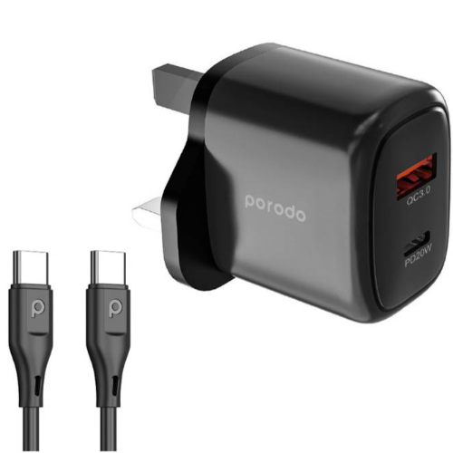 PD-T20WACCC-BK PORODO PD20W + QC 18W USB-C TO USB-C CHARGER